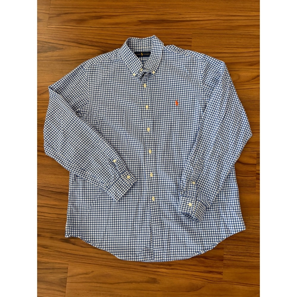 Ralph Lauren Mens XL Blue White Gingham Check Cotton Button Down Shirt